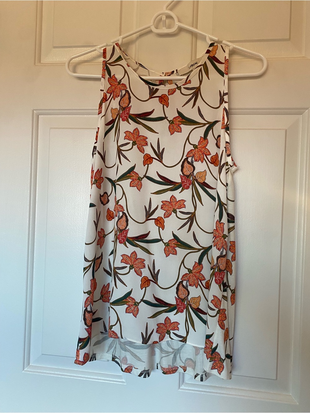 LOFT White Floral Shell with Orange and Green Accents